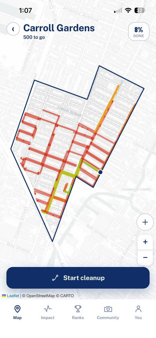 Carroll Gardens in the PICK app: 8 percent done, 500 blocks to go, with streets coloured by how recently each was cleaned.