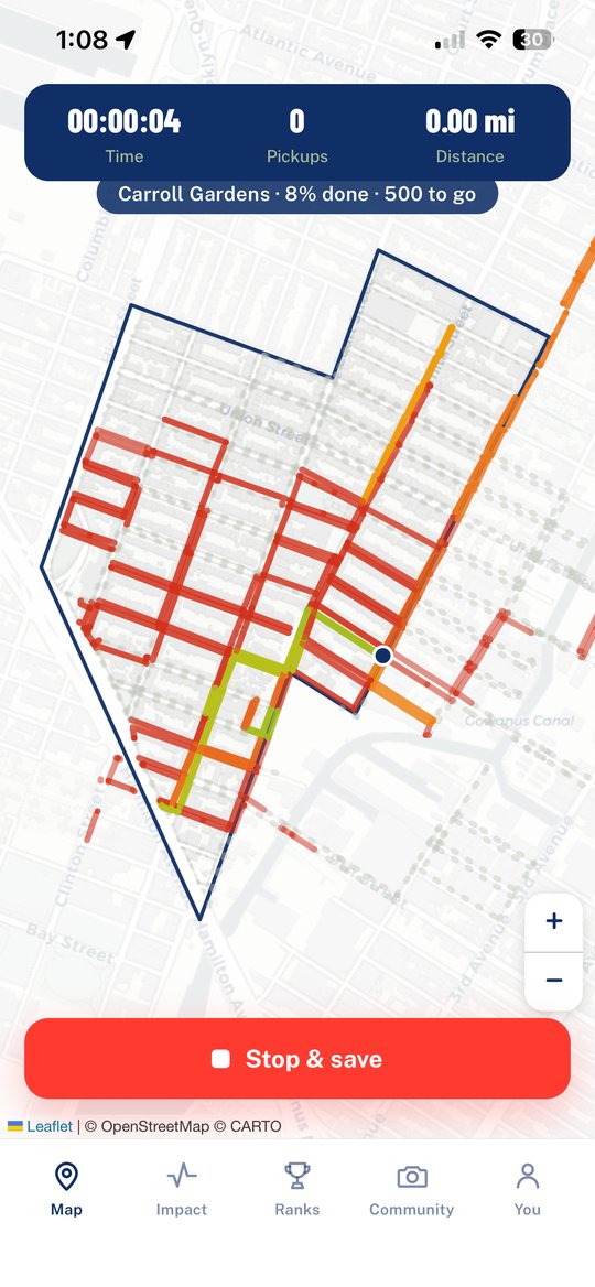 A cleanup running in PICK: a timer, pickup count and distance across the top, with Carroll Gardens at 8 percent done and a Stop and save button.